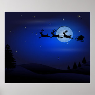 Poster Santa Reindeer Over Moon