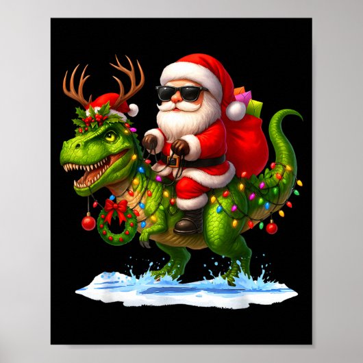 Poster Santa Riding Dinosaur T Rex Christmas Boys Men Xma (Devant)
