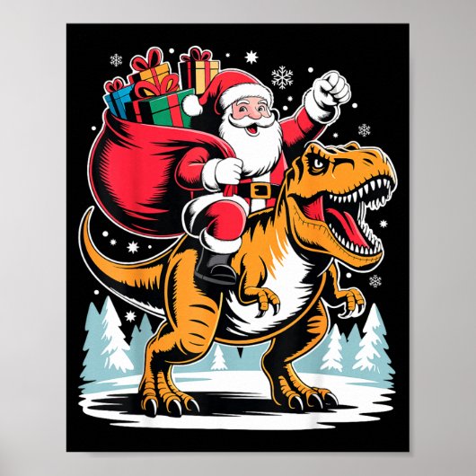 Poster Santa Riding Dinosaur T Rex Christmas Boys Xmas  (Devant)