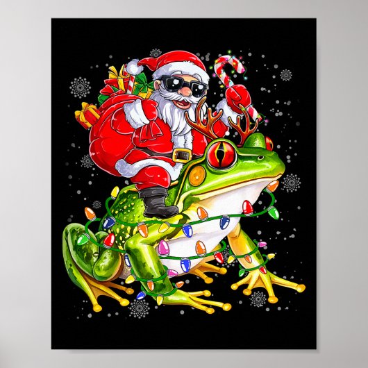Poster Santa Riding Frog Christmas Lights Funny Xmas Tree (Devant)