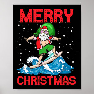 Poster Santa surfant une vague énorme Enfants Jeunesse Su