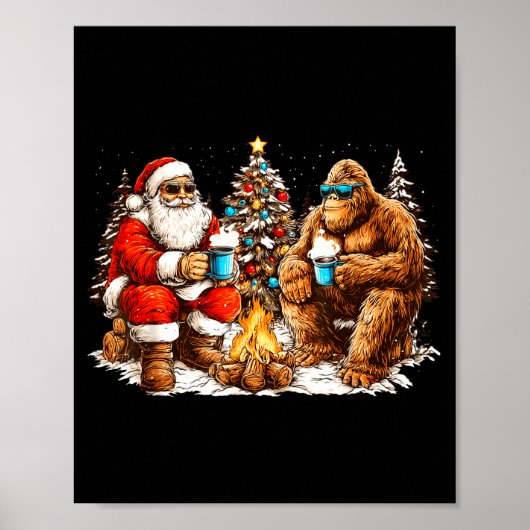Poster Santa With Bigfoot Christmas Campfire Funny Sasqua (Devant)
