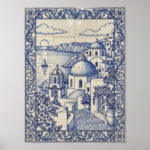 Poster Santorin Grèce Art Portugais Azulejo Bleu