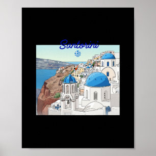 Poster Santorin Grèce Drapeau Grec Art de vacances Dôme B