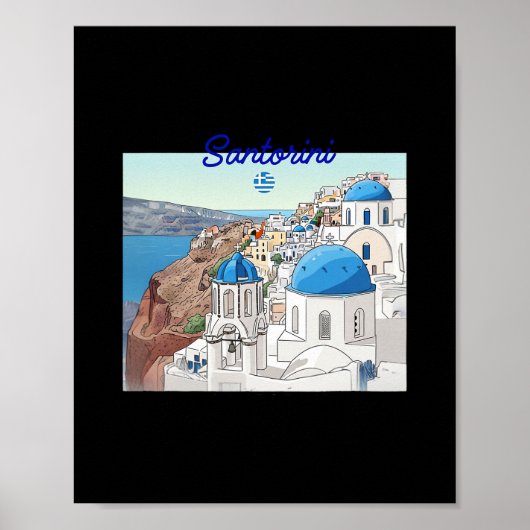 Poster Santorin Grèce Drapeau Grec Art de vacances Dôme B (Devant)