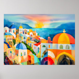 Poster Santorin vibrante aux dômes colorés