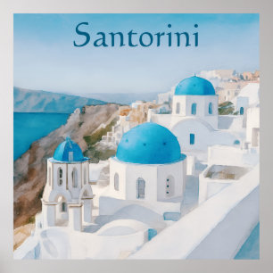 Poster Santorin, village grec aux dômes bleus