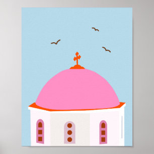 Poster Santorin Voyage Grèce Rose Et Bleu