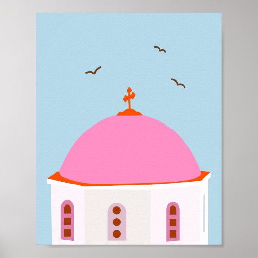 Poster Santorin Voyage Grèce Rose Et Bleu (Devant)