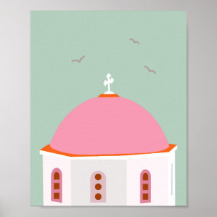 Poster Santorin Voyage Grèce Rose Et Vert