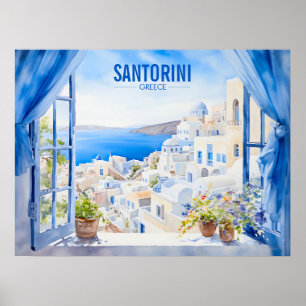 Poster Santorini Aquarelle Peinture Grèce Voyage Art