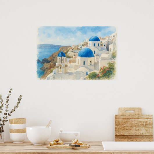 Poster Santorini Greece Watercolor  Blue Dome Church Art (Cuisine)