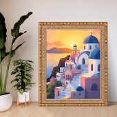 Poster Santorini, Greece | Watercolor Coastline Sunset
