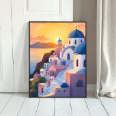 Poster Santorini, Greece | Watercolor Coastline Sunset