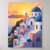 Poster Santorini, Greece | Watercolor Coastline Sunset (Devant)
