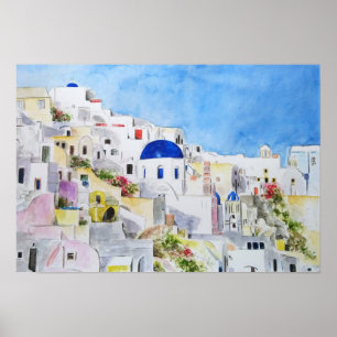 Poster Santoroni Grèce Aegean peinture d'aquarelle de mer