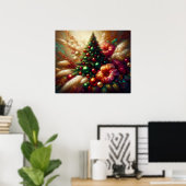 Poster Sapin de Noël et fleurs sur un beau mur (Bureau à domicile)