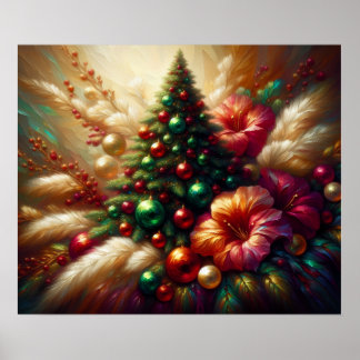 Poster Sapin de Noël et fleurs sur un beau mur