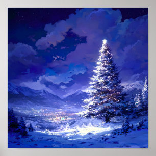 Poster Sapin de Noël lumineux paysage de montagne enneigé
