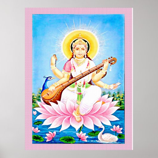 Poster Saraswati assis sur une fleur de lotus (Devant)
