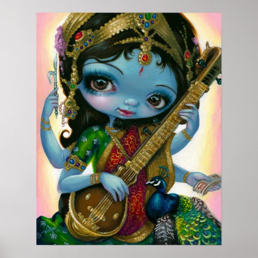Poster Saraswati Jouer Veena Hindu Goddess Art IMPRIMER (Devant)