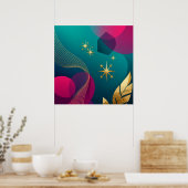 Poster Sarcelle Et Fuchsia Moderne Abstrait Avec Étoiles (Cuisine)
