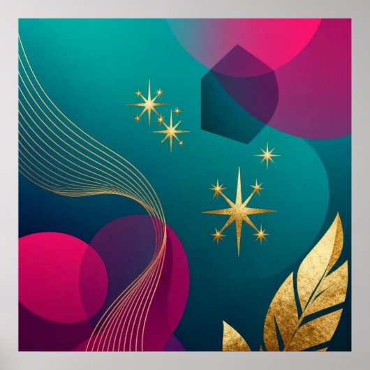 Poster Sarcelle Et Fuchsia Moderne Abstrait Avec Étoiles (Devant)