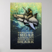 Poster Sasquatch chevauchant un grand requin blanc (Devant)