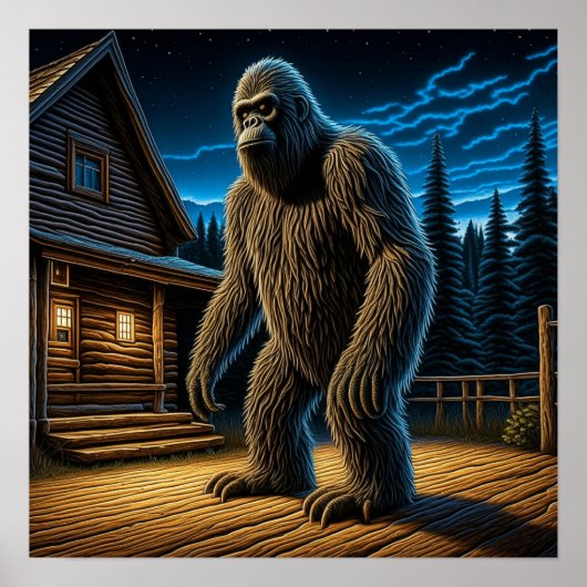 Poster Sasquatch devant une cabane en rondins dans les bo (Devant)