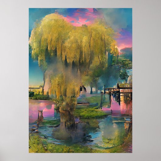 Poster Saule au coucher du soleil près de l'étang (Devant)