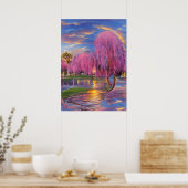 Poster Saule rose au coucher du soleil près de l'étang (Cuisine)