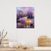 Poster Saule rose au coucher du soleil près de l'étang (Cuisine)