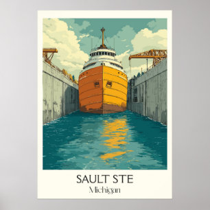 Poster Sault Ste. Marie MI Vintage Soo Locks Ship Art
