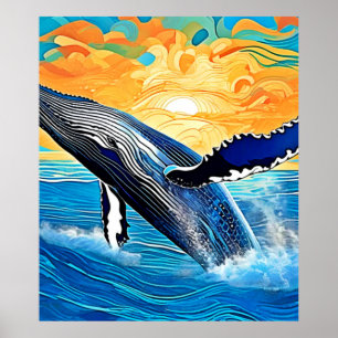 Poster Saut de coucher de soleil de baleine à bosse Art