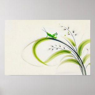 Poster Sauterelle à l'encre chinoise sur l'herbe
