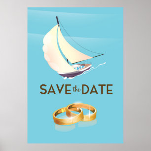 Poster Sauver la Date yacht vintage et anneaux de mariage