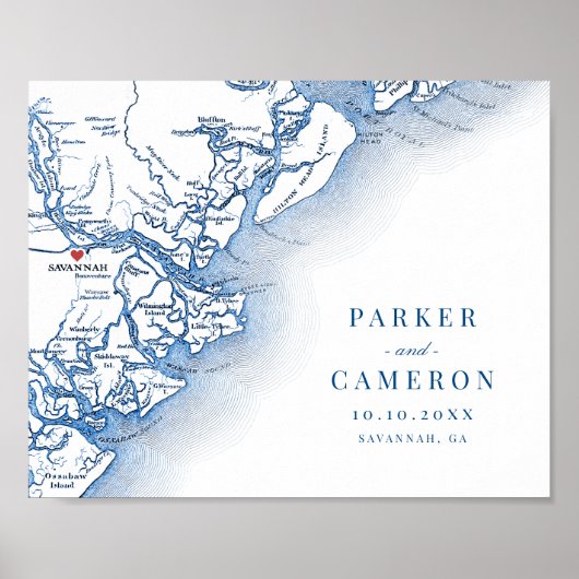 Poster Savannah GA Map Mariage Keepsaké Mur Art Imprimer (Devant)
