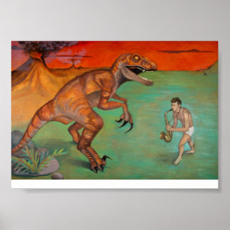 Poster Saxophone "Raptor vs Sax" avec dinosaure