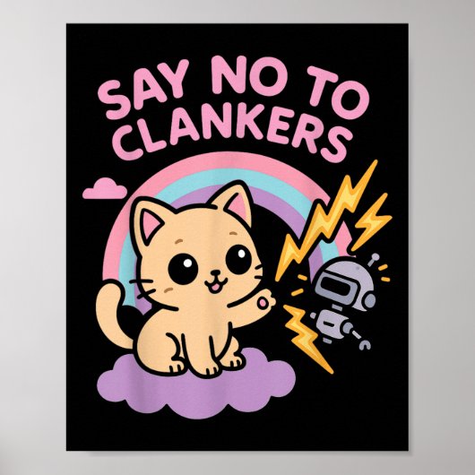 Poster Say No To Clankers Anti Ai Robots Cute Kitten Rain (Devant)