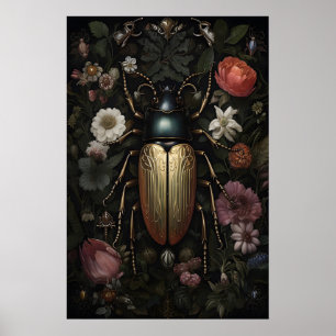 Poster Scarabée doré dans un jardin de fleurs sombres, In