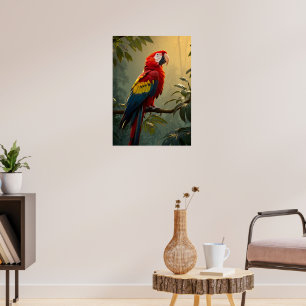 Poster Scarlet Macaw dans la jungle ensoleillée - Oiseau