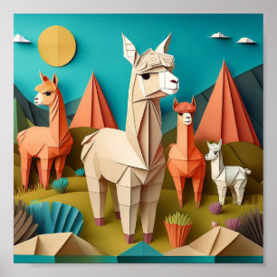 Poster Scène 3D d'art en papier d'alpacas en origami