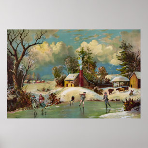 Poster Scène américaine de Noël de la vie d'hiver