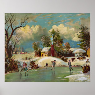 Poster Scène américaine de Noël de la vie d'hiver