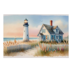 Poster Scène aquarelle d'un phare et d'un cottage au bord