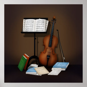 Poster Scène avec violoncelle et pupitre de musique
