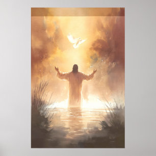Poster Scène biblique à l'aquarelle du baptême de Jésus c