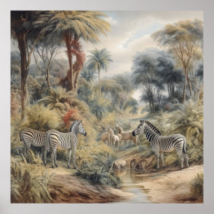 Poster Scène botanique de zèbres dans une oasis