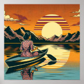 Poster Scène Camping vintage Femme Kayak (Devant)