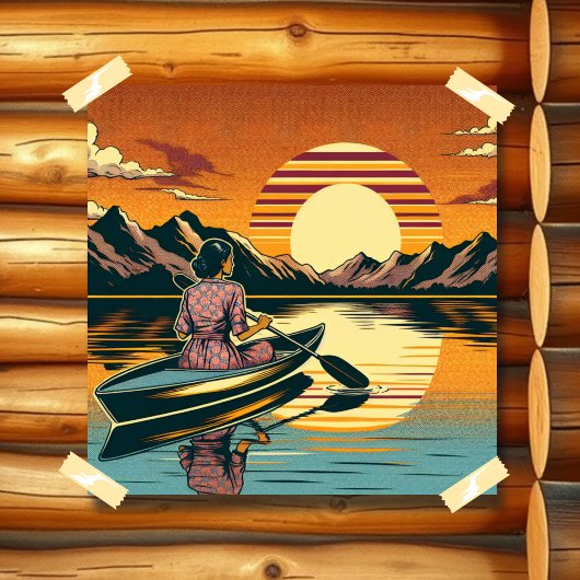 Poster Scène Camping vintage Femme Kayak